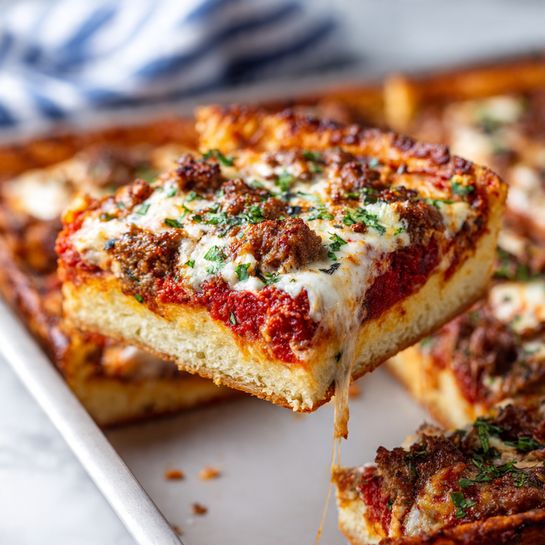 A slice of thick, square pizza with three layers is being lifted above a white marbled surface. The bottom layer is a golden-brown crust, thick and soft-looking. Above the crust is a bright red tomato sauce layer, evenly spread. The top layer is melted white cheese mixed with small, browned sausage pieces and sprinkled with dried herbs. The cheese looks stretchy and smooth, with some areas browned slightly, and the sausage bits are spread all over. The pizza is still in a metal pan with more slices visible inside. Photo taken with an iphone --ar 4:5 --v 7