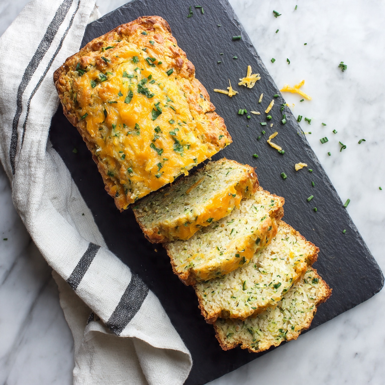 A loaf of golden baked bread with a rough textured top covered in melted yellow cheese and small green herbs is shown on a dark slate board. The bread is partially sliced into four thick pieces, revealing a soft, light beige inside with scattered green herbs. Small bits of cheese and herbs are spread around the board. On the left side, there is a white cloth with black stripes casually placed on the white marbled surface. photo taken with an iphone --ar 4:5 --v 7
