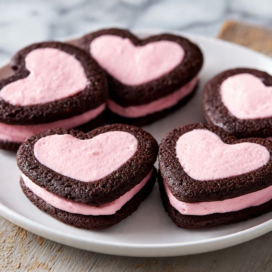 Chocolate Heart Sandwich Cookies with Pink Icing and Sprinkles Recipe