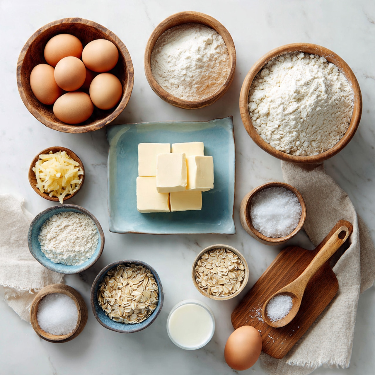 A top view of baking ingredients neatly arranged on a white marbled surface, featuring a large round wooden bowl with four brown eggs in the upper left, a similarly sized bowl with white flour to its right, and a smaller round bowl with translucent rock sugar below the flour. A rectangular light blue ceramic plate in the center holds several square blocks of butter stacked in two layers. Below the butter are two small wooden bowls, one with shredded pale yellow ginger and the other with white granulated sugar. Towards the bottom left is a blue ceramic bowl filled with more flour or a similar powder, beside a small brown bowl containing rolled oats. On the right side, a wooden board holds a half eggshell sitting upright, a small bowl of flour, and two wooden spoons, one filled with white powder. A small white bowl with milk sits near the bottom right. A beige cloth is on the left side. photo taken with an iphone --ar 4:5 --v 7