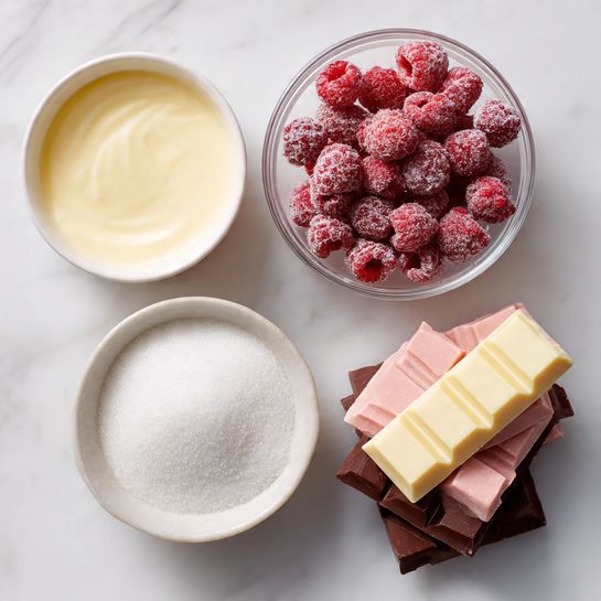 This image shows four sets of ingredients placed on a white marbled surface. At the top left is a small bowl filled with pale yellow cream. Below it to the left is a clear bowl full of frozen red raspberries covered in frost. To the right of the raspberries is a white bowl filled with white granulated sugar. At the bottom right, there are three layers of stacked chocolate bars: the bottom layer is dark brown chocolate, the middle layer is creamy white chocolate, and the top layer is pink chocolate pieces scattered unevenly. The overall colors are soft and natural. Photo taken with an iphone --ar 4:5 --v 7