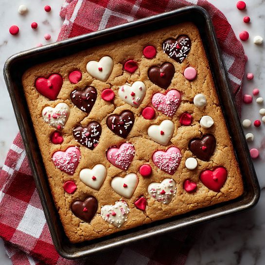 A large square cookie bar sits inside a dark metal pan on a white marbled surface with a red and white checked cloth partially visible underneath. The cookie base is golden brown and smooth with small cracks. On top, two kinds of heart-shaped chocolates are placed in a grid pattern, alternating between milk chocolate hearts and white chocolate hearts, each decorated with red, white, and pink sprinkles. Scattered between the hearts are round red, white, and pink candy-coated chocolates. The whole cookie is sprinkled with tiny red bits, giving it a festive look. Photo taken with an iphone --ar 4:5 --v 7
