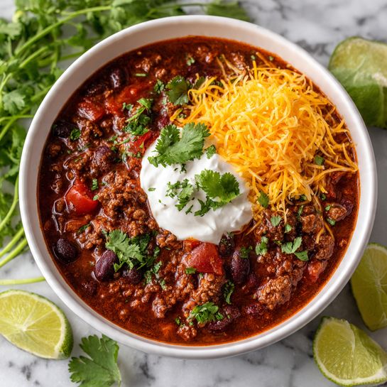 A white bowl filled with rich dark red chili topped with a light dollop of white sour cream in the center. To the right of the sour cream, there is a pile of shredded bright orange cheddar cheese. Fresh green cilantro leaves are scattered on top of the chili and sour cream. The chili itself is thick with ground meat and visible chunks of red tomato. The bowl sits on a white marbled texture surface with lime wedges and fresh cilantro in the background. Photo taken with an iphone --ar 4:5 --v 7
