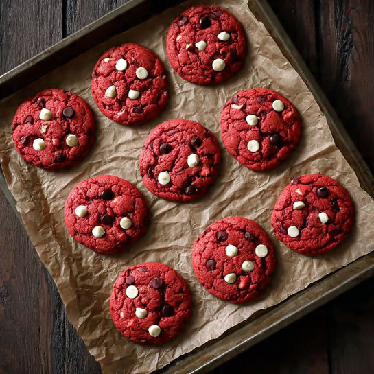 The image shows twelve round red cookies on a piece of brown parchment paper placed on a baking tray. Each cookie is bright red with cracks on the surface, dotted with both white and dark chocolate chips, adding texture and contrast. The cookies are evenly spaced in three rows of four, and the baking tray rests on a dark wooden surface. photo taken with an iphone --ar 4:5 --v 7