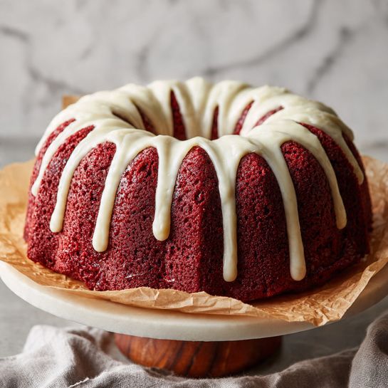 A single-layer bundt cake with deep red color and a soft, moist texture is shown, topped with white icing that drips evenly down the curved ridges of the cake. The cake sits on a piece of light brown parchment paper, placed on a white cake stand with a wooden base. The background features a white marbled texture, and a soft grey cloth is visible in the bottom right corner. Photo taken with an iphone --ar 4:5 --v 7