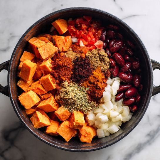 A black pot filled with layers of colorful ingredients including bright orange cubed sweet potatoes at the bottom left, dark red kidney beans filling most of the right side, chopped white garlic pieces in the middle, and diced red tomatoes scattered around the top left. On top, there are piles of different spices with reddish-brown, dark brown, and greenish textures clustered together in the center. The pot sits on a white marbled surface. photo taken with an iphone --ar 4:5 --v 7