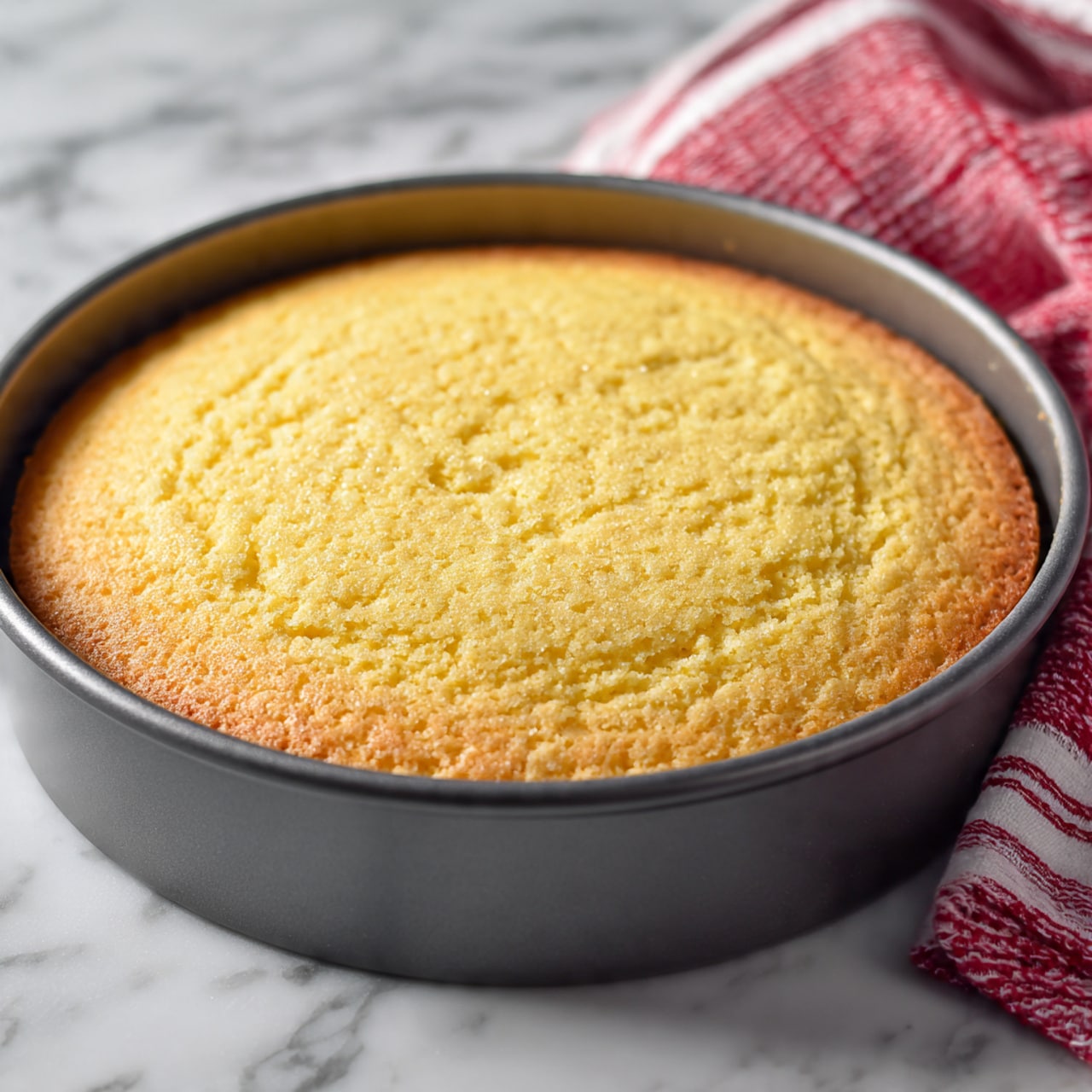 A single round cake layer with a golden yellow color and slightly uneven surface sits inside a gray baking pan. The cake has a lightly cracked texture on top, showing a soft and moist crumb underneath the golden crust. The pan edges are smooth and dark gray, holding the cake firmly. The background features a white marbled surface, with a red and white cloth visible at the back right. photo taken with an iphone --ar 4:5 --v 7