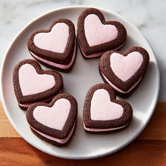 A white plate holds a stack of heart-shaped sandwich cookies arranged in a small pile. Each cookie has two dark brown chocolate cookie layers with a smooth, thick layer of bright pink cream filling in between. The cookies have a slightly rough texture on the top, and the pink cream is evenly spread and visible all around the edges. The plate sits on a white marbled surface with a blue patterned cloth partially underneath. The photo taken with an iphone --ar 4:5 --v 7