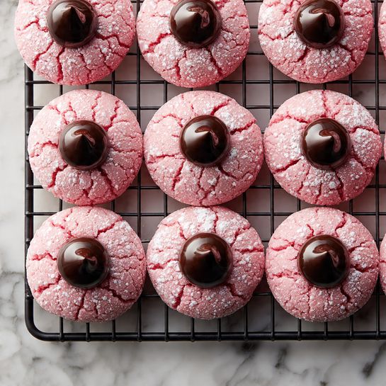 The image shows rows of pink cookies on a black wire cooling rack, each cookie having one layer of soft, round pink dough with a cracked texture, dusted with white powdered sugar around the edges, and topped with a single smooth, shiny, dark brown chocolate drop at the center, all resting on a white marbled surface. photo taken with an iphone --ar 4:5 --v 7