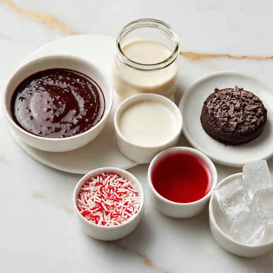 The image shows six small white bowls and a glass jar arranged on a white marbled surface with gold veins. The first bowl contains a thick, dark brown sauce with a smooth texture and small bubbles. Next to it is a glass jar filled with a light cream-colored liquid. Below the jar is a bowl of bright red syrup, shiny and smooth. To the left of the syrup bowl is a bowl with a creamy white liquid, smooth and slightly thick. Below that is a small bowl filled with red and white cylindrical sprinkles. The last bowl contains several clear ice cubes with sharp edges, stacked together. To the right side, there is a small white plate with a round dark brown chocolate cookie topped with crushed chocolate pieces. Photo taken with an iphone --ar 4:5 --v 7