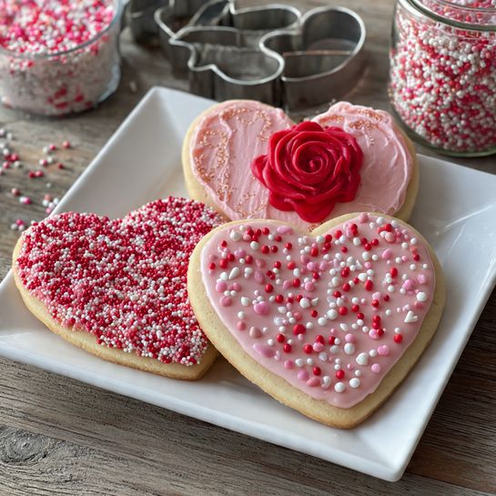 Three heart-shaped sugar cookies sit stacked on a white square plate. Each cookie has a layer of smooth pink icing, covered with small round sprinkles in red, white, and pink colors. The largest cookie at the bottom right has a simple sprinkle design, the middle-sized cookie at the top has a red fondant rose placed on it as decoration, and the smallest cookie at the front left has dense sprinkles covering the icing. The plate is on a wooden surface with metal cookie cutters and a container with more sprinkles visible in the background. Photo taken with an iphone --ar 4:5 --v 7
