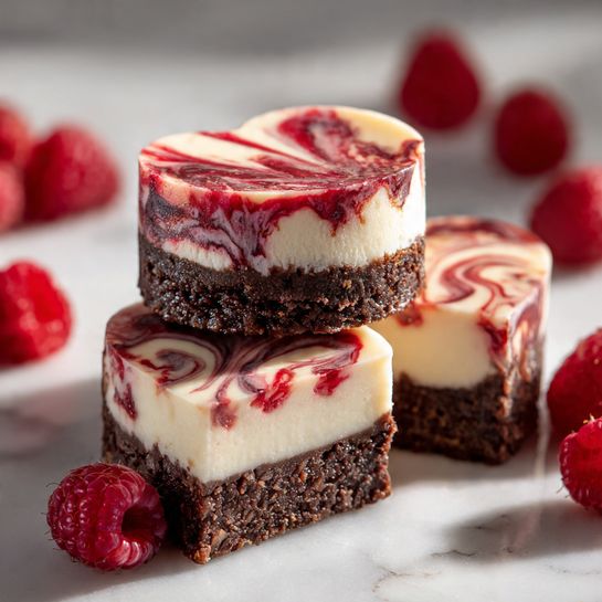 Four heart-shaped brownie pieces sit on white parchment paper over a gold cooling rack, placed on a white marbled surface. Each brownie has two visible layers: a dark brown base layer with a dense texture, and a swirled top layer made of creamy off-white cheesecake with bright red raspberry sauce mixed in, creating a marbled pattern across the top. Around the brownies, fresh whole raspberries are scattered, along with a small clear glass bowl filled with raspberries in the top right corner. The scene is bright and fresh, showing the rich contrast between the dark brownie, the light cheesecake swirls, and the vivid raspberry red. Photo taken with an iphone --ar 4:5 --v 7