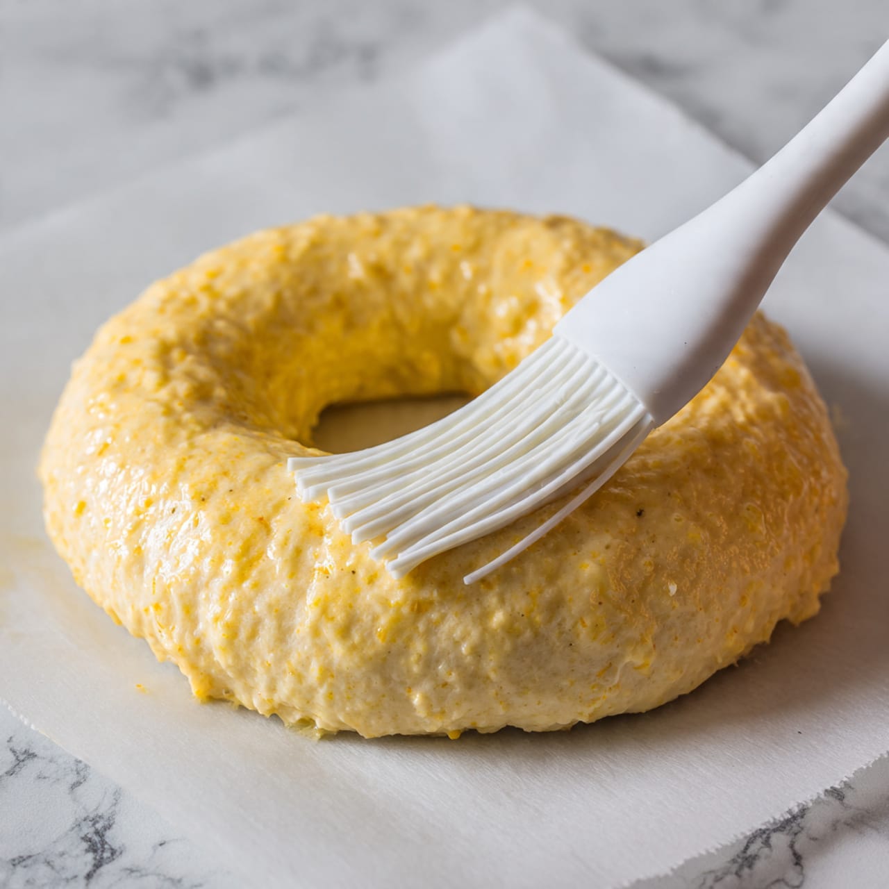 The image shows a small round dough ring with a pale yellow color and a slightly bumpy texture placed on parchment paper. A white silicone brush is gently spreading a shiny egg wash or butter glaze over the top surface of the dough, giving it a glossy look. The dough has an uneven thickness and looks soft, with small specks of yellow visible inside. The background is a white marbled texture. photo taken with an iphone --ar 4:5 --v 7