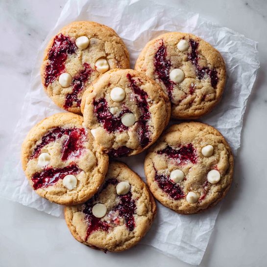 The image shows six round cookies on white parchment paper placed on a white marbled surface. Each cookie has a golden-brown base with a slightly soft texture. They have bright red patches of raspberry mixed throughout and scattered white chocolate chips on top. The cookies are arranged closely with some edges touching, highlighting their uneven but natural round shapes. Photo taken with an iphone --ar 4:5 --v 7