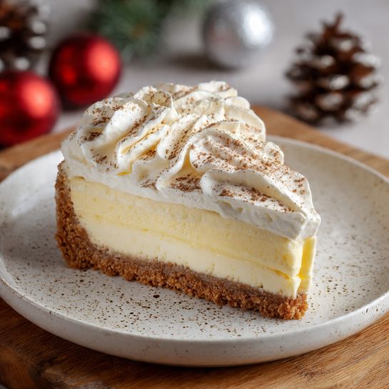 A slice of creamy pie with three clear layers sits on a white plate with speckled brown spots. The bottom layer is a thin light brown crust that looks crumbly. Above this is a thick pale yellow filling with tiny holes, smooth and firm. On top is a swirl of white whipped cream dusted with brown powder. The plate rests on a wooden surface with blurred red and silver decorations and pinecones in the background. Photo taken with an iphone --ar 4:5 --v 7