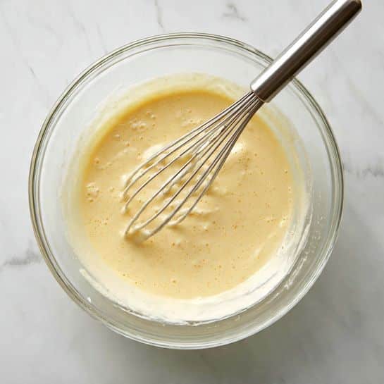 A close-up image shows a clear glass bowl containing a pale yellow, slightly grainy batter being mixed with a metal whisk. The batter has a smooth but textured surface with visible small lumps. The bowl sits on a white marbled surface, and the whisk is partially inside the bowl, creating gentle swirls in the batter. Photo taken with an iphone --ar 4:5 --v 7