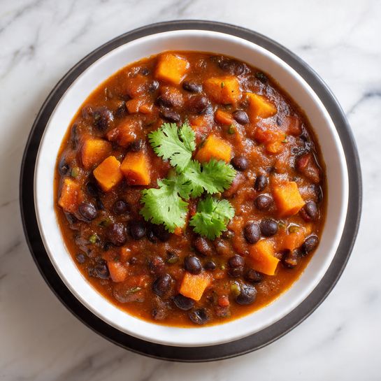 A close-up of a bowl filled with a thick stew made of black beans and orange sweet potato chunks. The stew has a rich, reddish-brown sauce that coats all the ingredients evenly. The black beans are small and shiny, scattered evenly across the stew, while the orange sweet potato pieces are cut into small cubes and placed throughout the bowl. On top, there are two bright green cilantro leaves adding a fresh color contrast. The bowl is white and sits on a dark plate, placed on a white marbled surface. Photo taken with an iphone --ar 4:5 --v 7