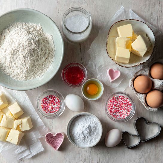 The image shows a white bowl filled with heart-shaped cookies. Each cookie has two layers: the bottom layer is a light golden-brown cookie, and the top layer is smooth pink icing. The pink icing is decorated with two kinds of small sprinkles—red and white round ones on some cookies and red and white long ones on others. The bowl is set on a white marbled surface, with a woman's hand not visible but implied holding the bowl from the side. In the background, there are clear jars with red and white sprinkles and some round metal cookie cutters. The light shines softly, making the pink icing look shiny and fresh. photo taken with an iphone --ar 4:5 --v 7