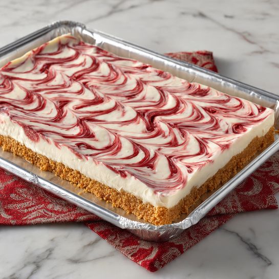 A rectangular dessert tray lined with aluminum foil shows a layered treat with a smooth, thick white layer spread evenly on top. This white layer is decorated with evenly spaced red swirls that create a zigzag pattern across the entire surface. Beneath the white layer, visible at the edges, there is a golden brown base that looks firm and slightly crumbly, suggesting the bottom layer is a crust or baked layer. The tray is placed on a white marbled surface with a red patterned cloth partially visible under it. The overall look is neat and glossy, with clear contrasts between the white, red, and golden layers. photo taken with an iphone --ar 4:5 --v 7