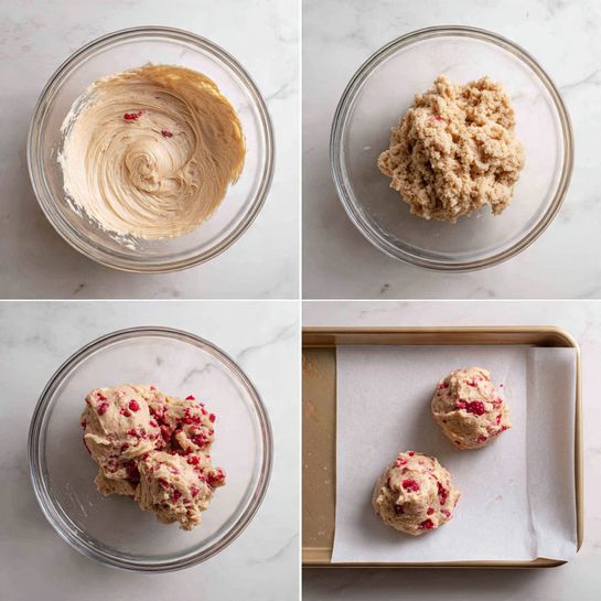 The image is a four-panel set showing the process of making dough with raspberries. The top-left panel shows a glass bowl filled with smooth, creamy, light beige batter with swirling textures on the surface. The top-right panel shows the same glass bowl with a rough, crumbly dough that looks thicker and less smooth, all light beige in color. The bottom-left panel displays the dough in the glass bowl mixed with bright red raspberries and light-colored chunks folded inside. The bottom-right panel shows two dollops of this mixed dough placed on a white baking tray lined with parchment paper, each dough piece thick and chunky with visible red raspberry pieces throughout. The whole image is set on a white marbled surface. Photo taken with an iphone --ar 4:5 --v 7