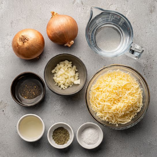 The image shows a top view of a grey surface with cooking ingredients neatly arranged. There are two whole brown onions placed side by side near the top left, a clear glass bowl filled with shredded yellow cheese on the top right, a clear glass measuring cup with water below the cheese, a small metal bowl with minced garlic in the center, and a small black bowl with a dark liquid next to it on the left. At the bottom, there are three small white bowls containing a clear liquid, dried herbs, and white granulated substance, arranged from left to right. The scene is clean and organized, ready for cooking preparation, photo taken with an iphone --ar 4:5 --v 7