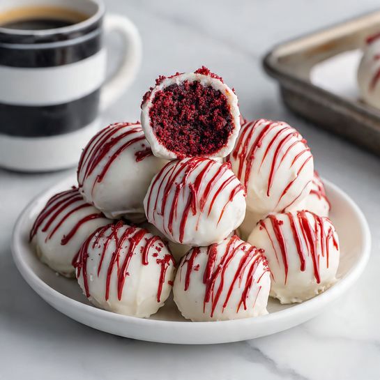 A white plate holds nine round cake balls covered in smooth white coating with red zigzag drizzle on top. The cake balls are arranged in a loose pile, with one cake ball cut in half and placed on top, revealing a dark red, soft and crumbly inner layer. The red drizzle is glossy and thick, creating a strong contrast against the white coating and the dark red inside. The plate sits on a white marbled surface, with part of a black and white striped coffee cup visible in the top left corner and a metal baking tray in the top right. photo taken with an iphone --ar 4:5 --v 7