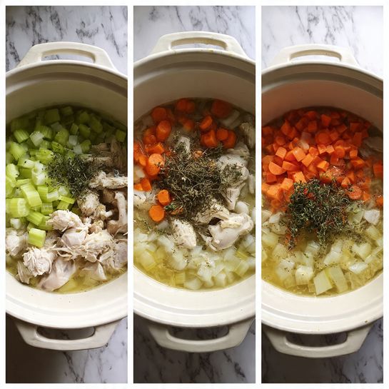 The image shows three white slow cooker bowls placed side by side on a white marbled surface. In the first bowl, there are several layers including chopped celery in light green on top left, diced orange carrots at bottom right, chopped white onions in the middle, raw chicken pieces at the bottom left, and a large sprinkle of dark dried herbs covering parts of the onions and chicken. In the second bowl, all ingredients are mixed in liquid; the chopped celery and onions float near the top, diced carrots remain visible at the bottom right, and the dried herbs spread over the left side, with the liquid showing a light greenish-yellow tint. The third bowl shows a more blended mixture, with softened onions, carrots, celery, and herbs fully combined in a broth that appears light brown with darker green herbs spread on top covering much of the surface. Photo taken with an iphone --ar 4:5 --v 7