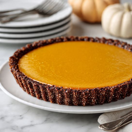 This image shows a round tart with two clear layers. The bottom layer is a dark brown crust with a ridged edge, textured like crushed cookies, holding the tart firmly. The top layer is a smooth, even, deep orange filling that covers the entire crust surface without lumps. The tart sits on a white plate, which is placed on a white marbled background. In the background, blurred, there is a stack of white plates with some silver forks on top and a pale pumpkin. In the lower right corner, part of a silver spoon is visible. Photo taken with an iphone --ar 4:5 --v 7