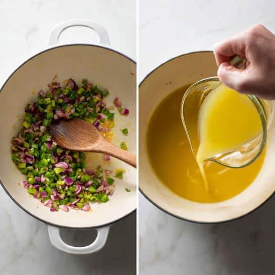The image shows two scenes side by side on a white marbled surface. On the left, a white pot contains small chopped green peppers and pinkish-red onions being stirred with a wooden spoon resting inside. The mixture looks fresh with bright green and purple-red pieces, scattered over a light yellow surface inside the pot. On the right, a woman's hand pours yellow liquid from a clear measuring cup into the same white pot, where the wooden spoon still rests. The background is plain white, highlighting the clean and fresh cooking setup. photo taken with an iphone --ar 4:5 --v 7