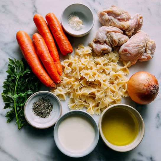 A white bowl filled with creamy soup, thick and light beige in color with visible flecks of black pepper and green herbs. Floating within the soup are bow-tie pasta pieces that are pale yellow and soft, mixed with small orange carrot bits and shredded white chicken. A close-up shows a silver spoon lifting a bite, coated in the creamy soup, holding three pasta pieces with some herbs on top. The bowl sits on a white marbled surface. Photo taken with an iphone --ar 4:5 --v 7