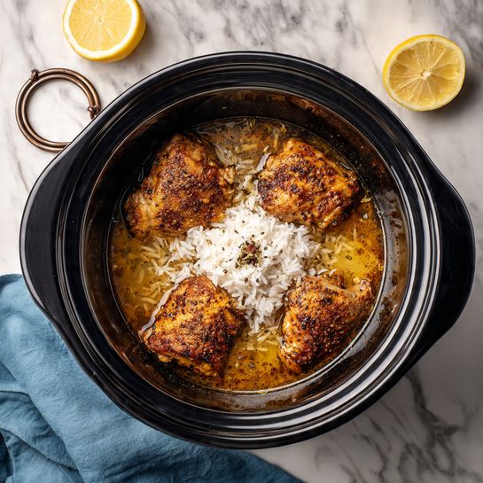 The image shows a black slow cooker with three browned seasoned chicken pieces arranged in a triangle inside, with a small pile of uncooked white rice placed in the center on top of the chicken. Some broth or sauce with oily texture and bits of seasoning sits around the chicken. The slow cooker is on a white marbled surface with a halved lemon and a metal ring on the top left, and a blue cloth draped on the bottom left corner. photo taken with an iphone --ar 4:5 --v 7