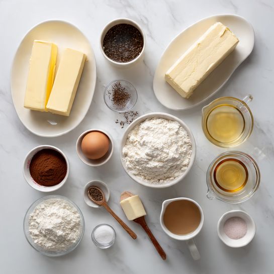 The image shows many baking ingredients laid out on a white marbled surface. There are two sticks of pale yellow butter on a white oval plate at the bottom left, a light brown whole egg in a small white cup near the center, and a block of cream cheese on a white oval plate at the top right. A medium bowl filled with white flour is near the bottom right, and a clear glass bowl with white powdered sugar and a small wooden spoon sits near the center. A small white cup with cocoa powder is near the egg, and a transparent measuring cup with light yellow liquid, possibly oil, is at the top right. A small white cup contains a dark liquid with seeds floating in it, located near the top center. There is a small white bowl with salt, a tiny white cup with pink liquid, a small clear jar of white sugar, a white container with creamy liquid, and a small glass of brown liquid near the bottom center. All items are neatly arranged and spaced on the white marbled background. Photo taken with an iphone --ar 4:5 --v 7