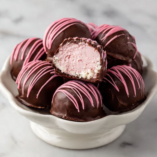 A white scalloped dish holds eight round chocolate truffles, each coated in a smooth dark brown chocolate shell with bright pink swirled lines drizzled on top in even, spaced curves. One truffle in the center is cut in half, showing three layers inside: the outer dark brown chocolate shell, a thick middle layer of creamy, slightly textured pale pink filling, and a small white crumbly section near the middle. The truffles rest on a white marbled surface, and the lighting highlights the shiny texture of the chocolate and the soft look of the filling. photo taken with an iphone --ar 4:5 --v 7