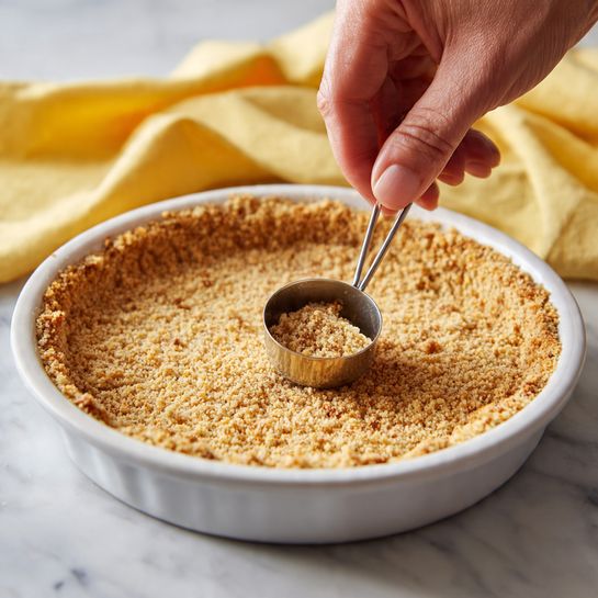 A close-up view of a white pie dish filled with a crumbly, golden brown crust that is pressed evenly along the bottom and sides. A woman's hand is holding a small metal measuring cup, gently pressing down on the crust to compact it. The crust has a rough, grainy texture and the edges are slightly raised and uneven. The dish is set on a white marbled surface, and a soft yellow fabric can be seen blurred in the background. photo taken with an iphone --ar 4:5 --v 7
