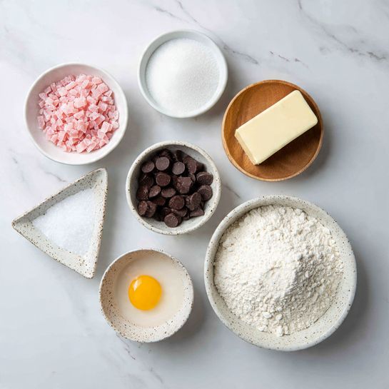 The image shows seven small white bowls and one small wooden bowl placed on a white marbled surface. Starting from the top left and moving clockwise, the first bowl holds crushed pink candy pieces with a rough texture, next to it is a bowl filled with fine white sugar, followed by a solid pale yellow stick of butter. Next, a small wooden bowl contains fine white salt. Moving down, a speckled white bowl holds several dark brown chocolate chips with a smooth and shiny texture. Below that, a white bowl contains one raw egg yolk and egg white. To the left of that is a small white triangular dish with granulated sugar. Finally, at the center is a larger white bowl filled with white flour that has a powdery texture. Photo taken with an iphone --ar 4:5 --v 7