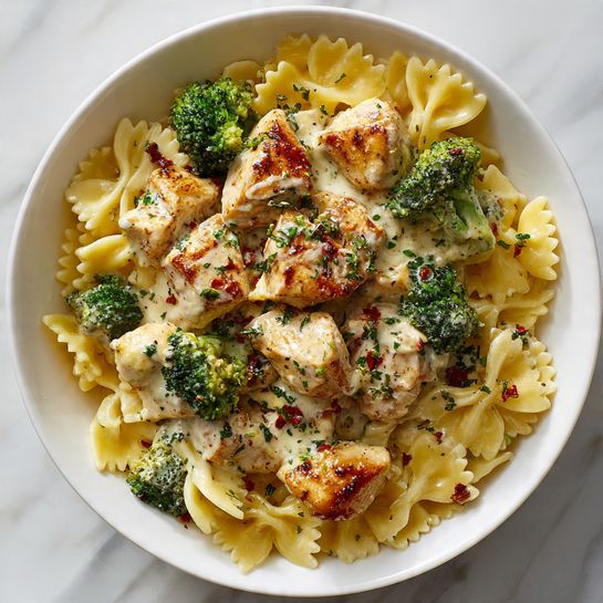 A white plate holds a layer of yellow bow-tie pasta at the bottom, topped with pieces of browned, cooked chicken covered in melted creamy cheese. Small bright green broccoli florets are scattered throughout the dish. The chicken and broccoli are sprinkled with tiny bits of red and green herbs, adding color and texture. The melted cheese looks smooth and slightly shiny, blending well with the pasta and chicken. The background shows a white marbled surface photo taken with an iphone --ar 4:5 --v 7