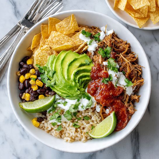 A white bowl filled with layers of food starting at the bottom with light brown rice mixed with black beans and corn. On top of the rice is shredded meat, with chips standing upright on one side. Over the meat, there is white sauce and a dollop of red salsa. Slices of fresh green avocado are placed on the top center, sprinkled with small cilantro leaves. Two bright green lime wedges are nestled on one side of the bowl. The bowl sits on a white marbled surface with two silver forks next to it, and there is a small plate with extra chips in the background. Photo taken with an iphone --ar 4:5 --v 7