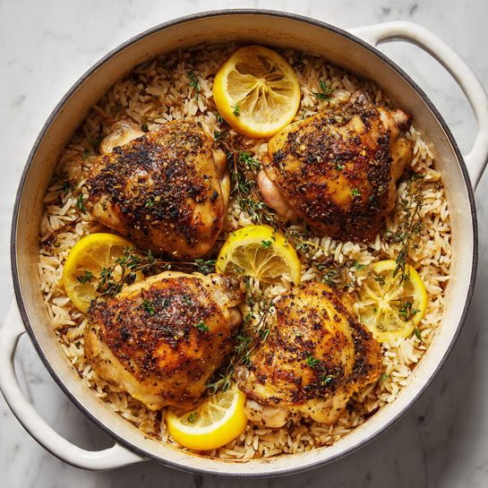 A round white pot filled with three browned chicken pieces placed on a bed of light brown cooked rice. The chicken pieces have a slightly crispy texture with visible black pepper and herbs sprinkled on top. Thin yellow lemon slices and small green herb sprigs are placed around and on the chicken, adding color contrast. The pot sits on a white marbled surface, and steam or moisture from cooking makes the rice appear soft but separate. photo taken with an iphone --ar 4:5 --v 7