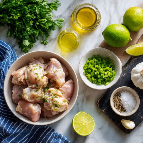 Five pieces of dark brown grilled chicken thighs with charred spots are arranged on a black cutting board in the center of a white marbled surface. Bright green parsley leaves and lime wedges with light green flesh are scattered around the chicken, adding fresh color. A whole lime is at the top left, and a white bowl with chopped green onions is partially visible in the top right corner. A blue and white striped cloth lies at the bottom right corner. The textures of the chicken are rough and crispy, while the parsley and lime look fresh and moist. Photo taken with an iphone --ar 4:5 --v 7