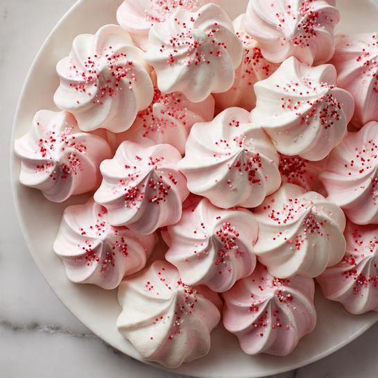 A white bowl filled with two types of meringue cookies arranged in a layered way, with some having a smooth white texture and others showing pink and white swirls in a pointed, airy shape. Each meringue is topped with tiny red round sprinkles. The bowl sits on a white marbled surface with scattered red sprinkles around it. Another similar bowl is partly visible in the background with a soft pink cloth and red petals nearby. The lighting is soft and natural, making the colors bright and fresh photo taken with an iphone --ar 4:5 --v 7