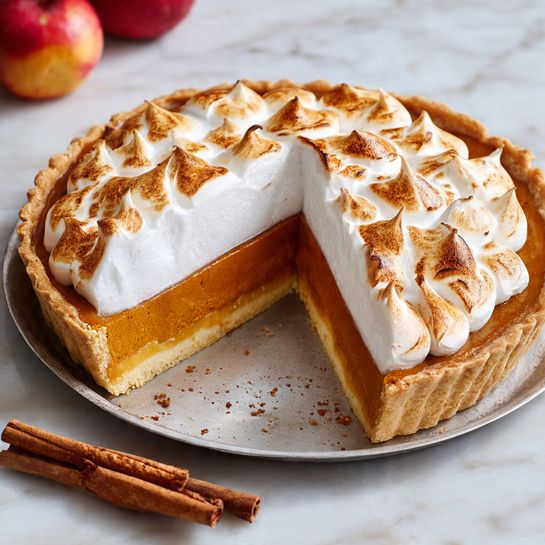 The image shows a pie with three visible layers on a round metal pie tray placed on a white marbled surface. The bottom layer is a light golden crust that holds the middle layer, which is a thick, smooth, deep orange filling. The top layer is a fluffy, white meringue with a toasted brown pattern on its peaks, giving it a slightly caramelized look. A slice is missing from the pie, revealing the clean edges of each layer. Two cinnamon sticks lie nearby on the white marbled surface, and blurred red apples are visible in the background. photo taken with an iphone --ar 4:5 --v 7