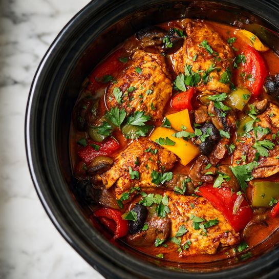 A close-up view of a slow cooker filled with a rich tomato sauce that covers several pieces of cooked chicken, which are golden and slightly browned. Mixed inside the sauce are vibrant slices of red, yellow, and green bell peppers, along with halved black mushrooms and chopped onions, all simmering together. Fresh green parsley leaves are scattered on top adding a fresh touch. The slow cooker has a black rim that contrasts with the bright colors inside. The setting has a white marbled textured surface. Photo taken with an iphone --ar 4:5 --v 7