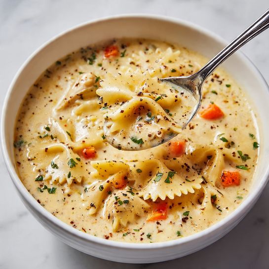 The image shows a close-up of creamy soup with flat bowtie-shaped pasta, small pieces of chicken, and chunks of carrot. The soup is thick and white with visible small green herb flecks sprinkled throughout. The spoon, held by a silver handle, scoops the soup with a mix of pasta, chicken, carrot, and herbs in focus, while the background shows more soup in a pot. The overall colors are light beige from the soup, orange from the carrot, and green from the herbs, all on a white marbled surface. Photo taken with an iphone --ar 4:5 --v 7