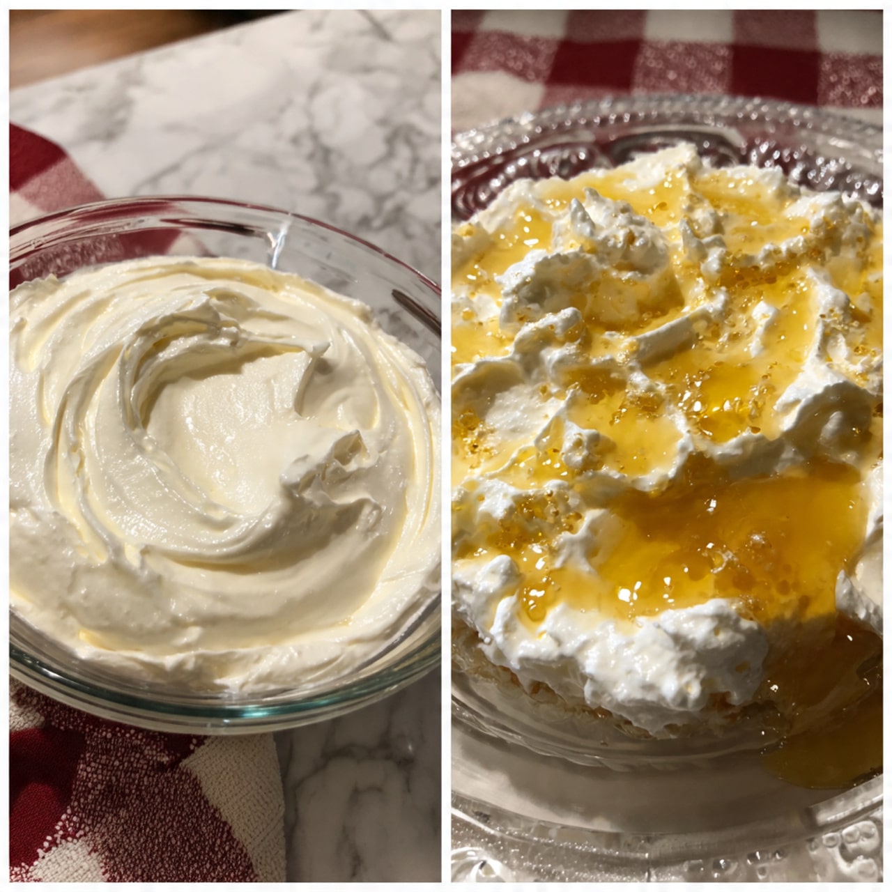 The image shows two close-up views side by side. On the left, there is a clear glass bowl filled with a smooth white creamy mixture with visible swirls and soft peaks on the surface. The bowl sits on a white marbled surface with a red and white checkered cloth partially visible on the side. On the right side, there is a soft white creamy dessert layered with thick golden syrup or sauce, placed on a clear glass plate that rests on a white marbled surface. The creamy layer looks fluffy and light, with the syrup in irregular pools soaking into it, creating a glossy contrast of white and golden tones. photo taken with an iphone --ar 4:5 --v 7