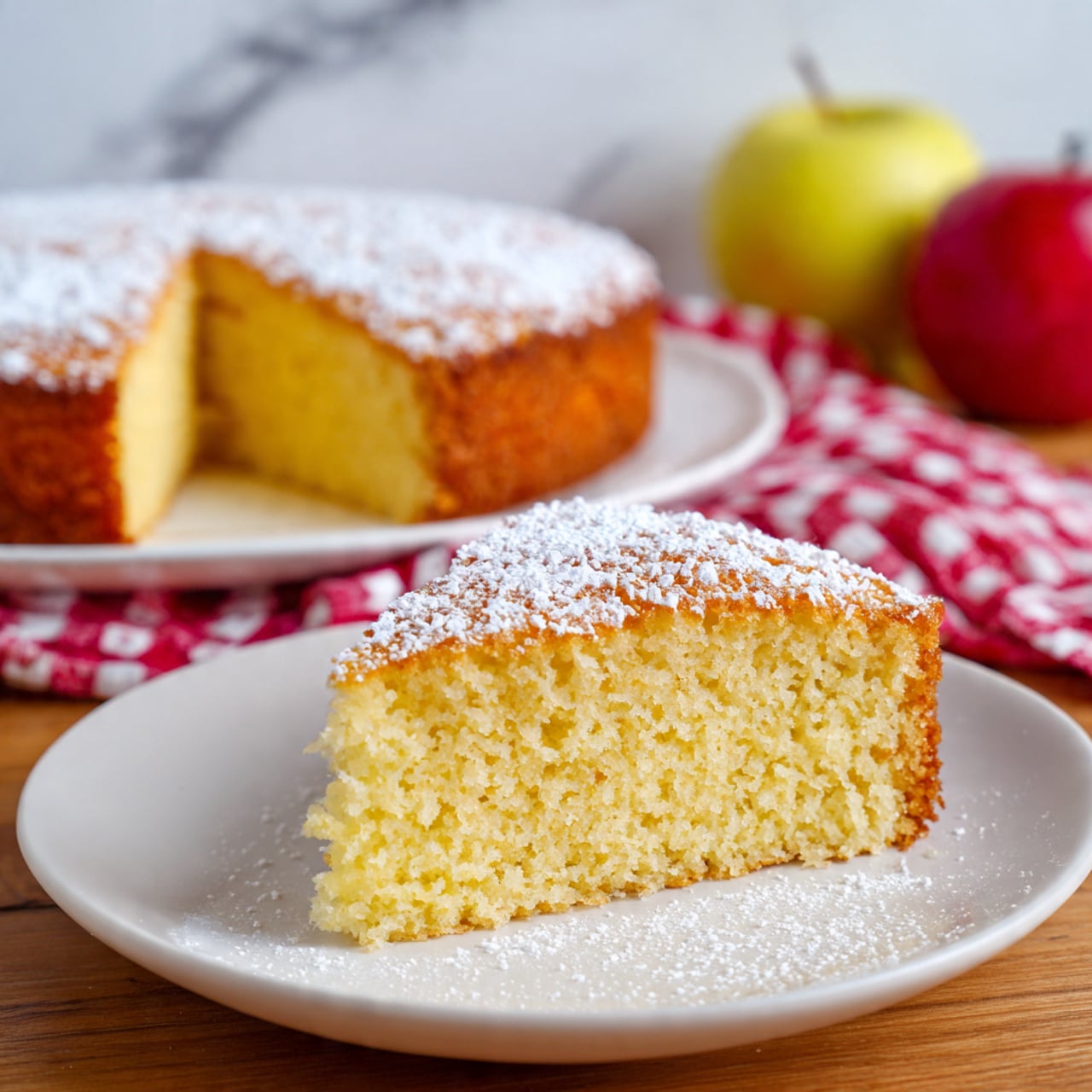 A single slice of light yellow cake with a soft, spongy texture sits on a white plate, topped evenly with a dusting of fine white powdered sugar. Behind the slice, the rest of the round cake shows a golden brown crust with the same powdered sugar on top, revealing the pale yellow inside. The plates are on a wooden table next to a red and white checkered cloth and a yellow apple, all against a white marbled surface. The photo taken with an iphone --ar 4:5 --v 7