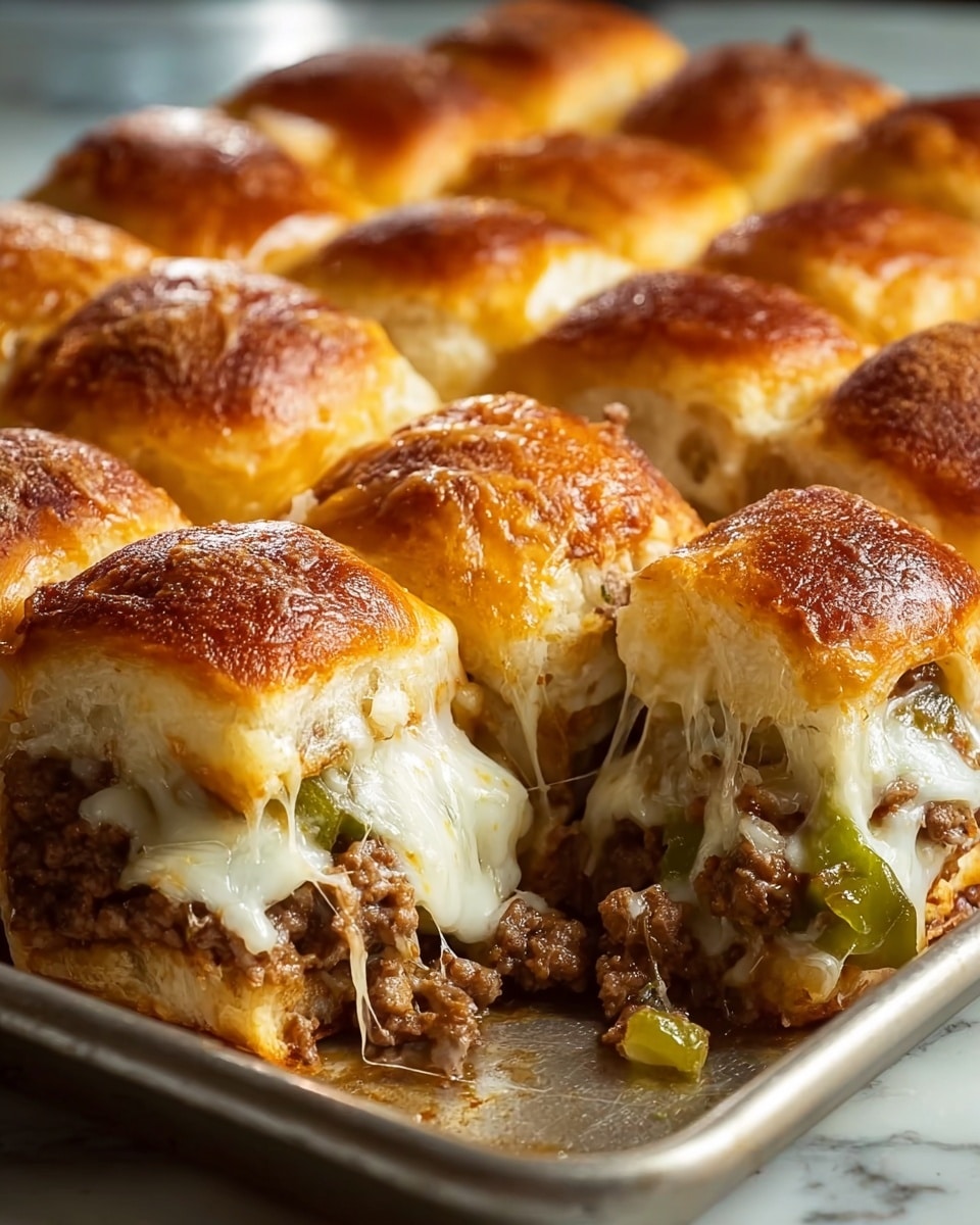 The image shows a close-up of a tray filled with soft, golden brown bread rolls that are slightly shiny and toasted on top. Each roll is stuffed with a filling of cooked ground meat mixed with small pieces of green peppers, topped with melted cheese that stretches between the separated rolls, showing its gooey texture. The bottom layer is the thick, fluffy bread, followed by the brown and green mixture of meat and peppers, with the white melted cheese sitting on top and inside the rolls. The surface under the tray is a white marbled texture. photo taken with an iphone --ar 4:5 --v 7
