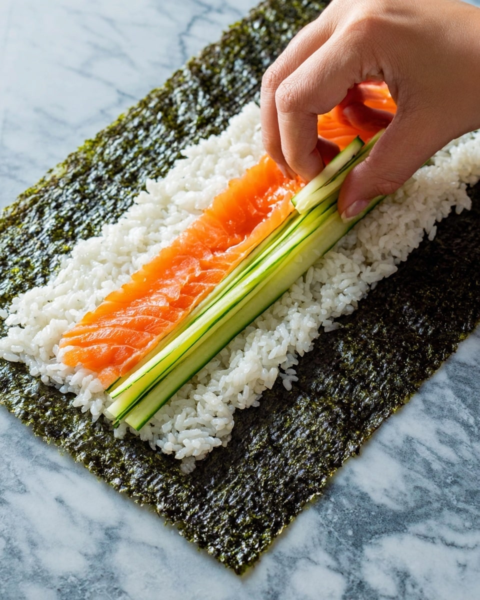 A rectangular sheet of dark green seaweed lies flat on a white marbled textured surface, topped with an even layer of white sticky rice covering most of the seaweed except the edges. On top, near the middle but slightly closer to one edge, lies a strip of bright orange salmon sashimi. A woman's hand is placing thin, light green cucumber strips over the salmon, adding texture and color contrast. The scene is well-lit, highlighting the wet look of the rice and the freshness of the fish and cucumber. photo taken with an iphone --ar 4:5 --v 7
