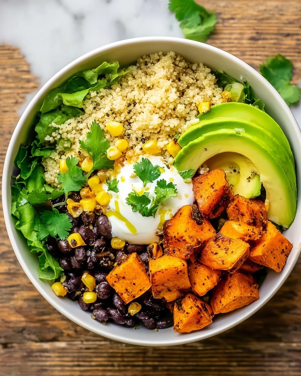 A white bowl is filled with a base layer of light beige couscous mixed with black beans spread evenly across the bowl. On one side, there are bright green lettuce leaves. Cubes of orange roasted sweet potatoes are layered over the beans and couscous, occupying a large part of the bowl. Two slices of bright green avocado with smooth texture lie on the top right edge. Yellow corn kernels are scattered near the center along with more black beans. A dollop of white sour cream sits in the middle, topped with a small green cilantro sprig and a drizzle of olive oil. The bowl is placed on a white marbled surface. photo taken with an iphone --ar 4:5 --v 7
