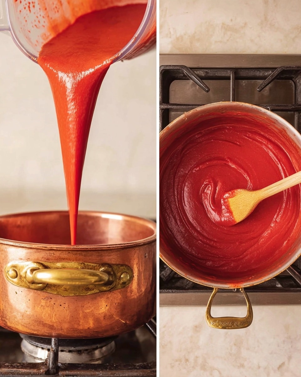 The image shows two side-by-side photos of a cooking scene; the left side captures a bright red, smooth sauce being poured from a blender into a worn copper pot with a golden handle on a gas stove, and the right side shows the pot from above with the red sauce being stirred by a wooden spoon, creating a soft swirl texture on the surface of the sauce. The stove and background feature a white marbled texture. Photo taken with an iphone --ar 4:5 --v 7