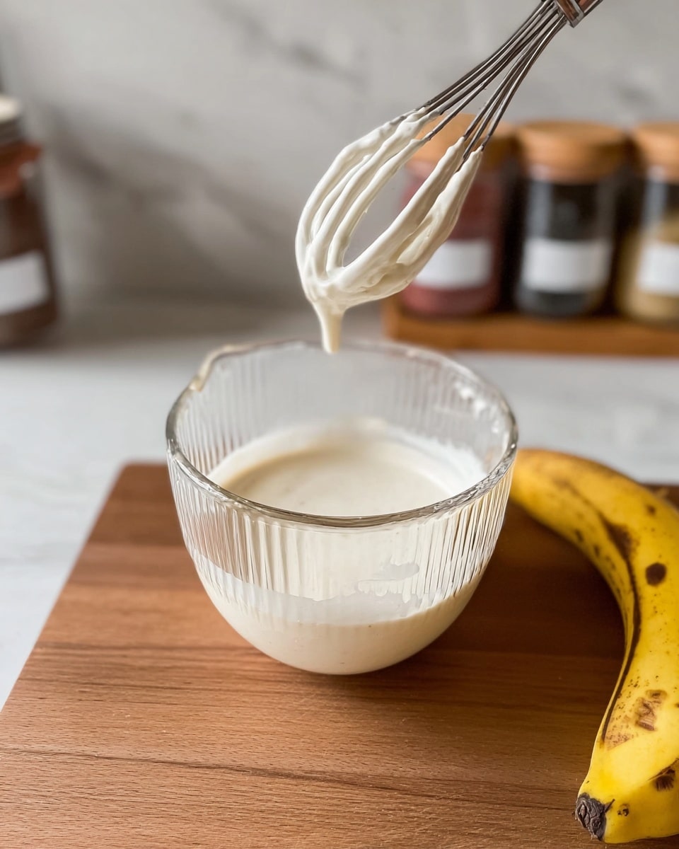 A glass container with ridges on the outside holds a creamy white mixture being blended by a whisk attached to a small electric mixer. The creamy mixture swirls smoothly inside the glass, showing motion from the blending. The container sits on a wooden board, with a ripe yellow banana that has brown spots placed nearby on the right. In the background, blurred spice jars can be seen against a white marbled surface. Photo taken with an iphone --ar 4:5 --v 7